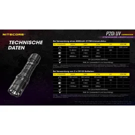 Nitecore P20i UV LED-Taschenlampe, 4x UV-LEDs, für Forensik, Begutachtungen, Dokumentenprüfung, Währungserkennung, 21700 Li-Ion Akku Typ NL2140i 4000mAh