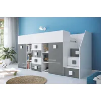 Kinderbett Hochbett T-3P, mit Schreibtisch, Schrank und Schubladen. Farbe Weiß/Grau