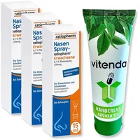 Nasenspray Ratiopharm 3x15ml inclusive einer Handcreme von vitenda - die zuverlässige Lösung bei Schnupfen mit verstopfter Nase, befreit schnell und effektiv