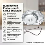 MuCoLa Edelstahlspüle rund links Einbauspüle silberfarben Handbetätigung 570 x 450 mm