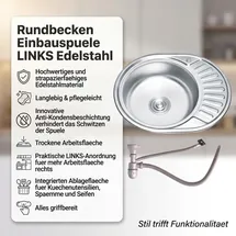 MuCoLa Edelstahlspüle rund links Einbauspüle silberfarben Handbetätigung 570 x 450 mm