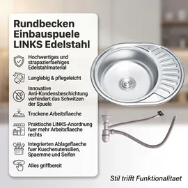 MuCoLa Edelstahlspüle rund links Einbauspüle silberfarben Handbetätigung 570 x 450 mm