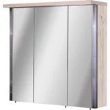 Schildmeyer Harkon Spiegelschrank 701129, Holzwerkstoff, Finduseiche Dekor, 76 x 16 x 73,5 cm, 3-türig, LED-Beleuchtung, Schalter-Steckdosenbox braun