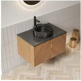 MODFU Waschtisch Badezimmerwaschtisch (Arbeitsplatte aus schwarzem Sinterstein, Sperrholzschrank mit 2 Türen., 1-St) braun|schwarz 50 cm x 50 cm x 76 cm