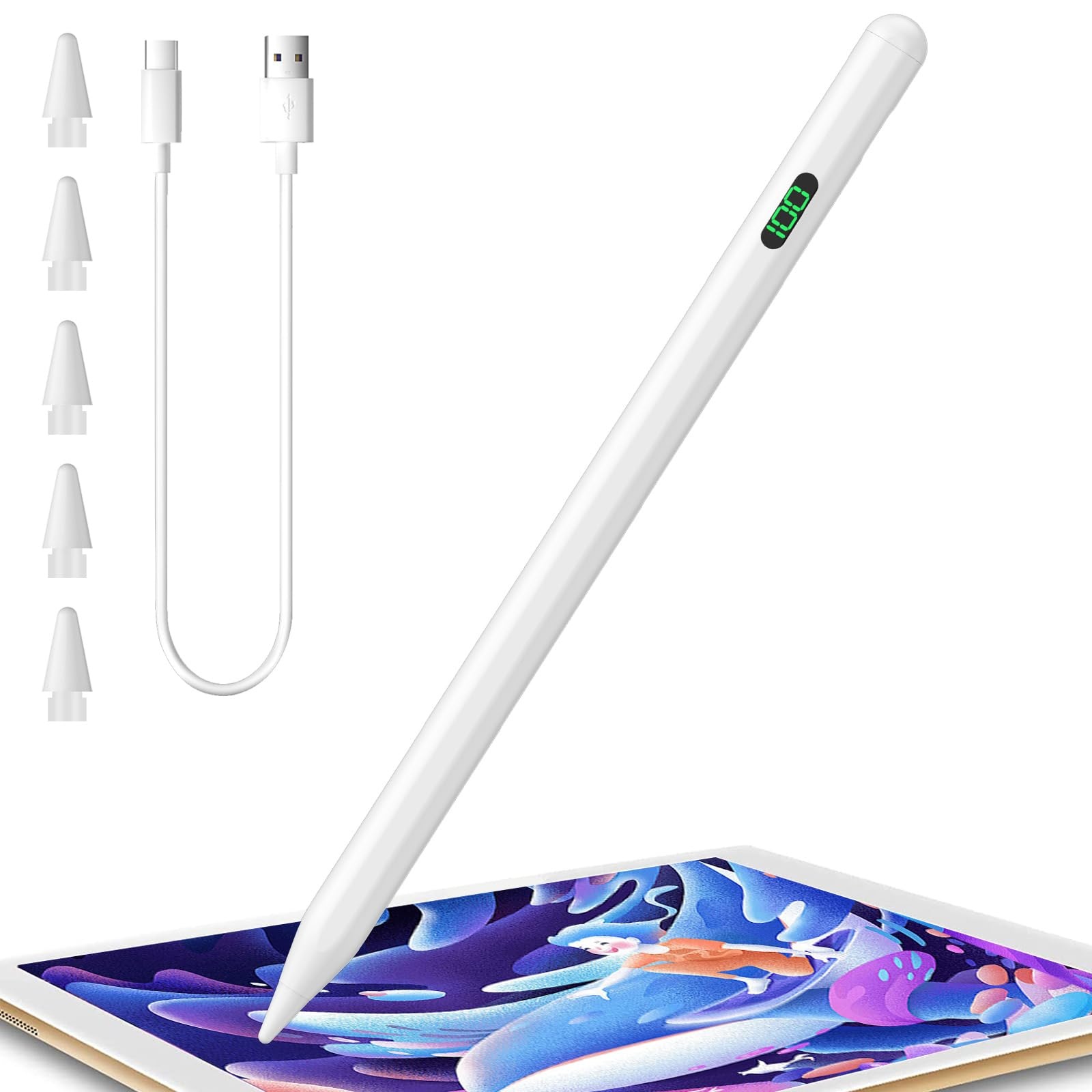 YOLPHA iPad Stift Apple Pencil Ersatz,Stift für iPad mit Digitales Batterie-Display,Palm-Rejection,Pencil für iPad Pro 11"/12.9", iPad 10/9/8/7/6, iPad Mini 5/6, iPad Air3/4/5,Weiß