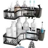 zvzm Duschablage Ohne Bohren Schwarz Eckregal, 5 Stück Duschregal Schwarz Ecke, Badezimmer Organizer mit 4 Haken, Shower Shelf Dusche Zubehör, Shampoo Halterung für Dusche für Badezimmer.