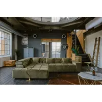 KAWOLA Sofa NEVADA Ecksofa Velvet olivgrün Recamiere links