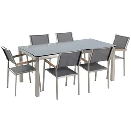 Beliani Gartenmöbel Set Schwarz Grau Sicherheitsglas Edelstahl Tisch 180 cm 6 Stühle Terrasse Outdoor Modern