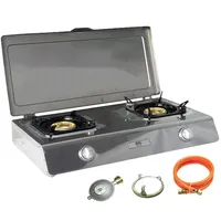 NJ The right choice Gaskocher NSD-2C, (Gas Camping mit Zubehör), NSD-2C Edelstahl Camping Gaskocher 2 flammig mit Deckel Zündsicherung silberfarben