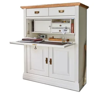 Casamia Sekretär Sekretär Büro Schrank Novara 2-türig 2 Schubladen weiß natur massiv 111 cm x 133 cm x 45 cm