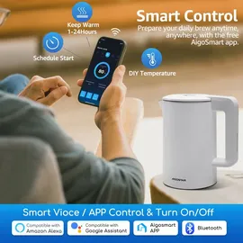 Aigostar - Smart Wasserkocher mit Temperatureinstellung 40°C-100°C, WiFi Steuerung Kompatibel zu Alexa, 1,7 l Edelstahl Doppelwand Cool Touch, Leise