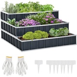 Outsunny Hochbeet aus Stahl 3-stufige Gartenbeet mit T-Form-Pflanzenschilder Handschuhe grau 118L x 118 x 62 cm