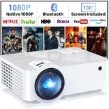 Beamer, Full HD 1080P Beamer Bluetooth 5.1, Tragbare Mini Beamer 4K Heimkino Unterstütz, 200" Display Smart Projektor Outdoor Kompatibel Smartphone - Weiß
