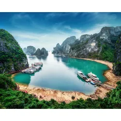 Fototapete PAPERMOON "BUCHT-VIETNAM MEER SEE FLUSS GEBIRGE WALD HIMMEL SONNE", bunt, B:3,00m L:2,23m, Vlies, Tapeten