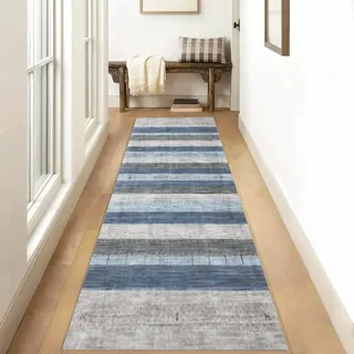 Siunwdiy Küchenteppich Läufer Lang Flur rutschfest Waschbar Blau-grau 90x280cm Meterware Teppich Läufer Flur Vintage Marokko Schlafzimmer Korridor Teppichläufer Lang, Anpassbare Größe, 60-100cm Breit