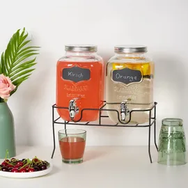 Relaxdays Getränkespender mit Ständer, 2er Set, Limobehälter 4L, Zapfhahn und Deckel, Wasserspender, Glas, transparent - Transparent
