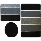 Ilkadim Orion Badgarnitur 3 TLG. Set 50x80 cm Mehrfarbig gestreift, WC Vorleger ohne Ausschnitt für Hänge-WC (schwarz grau)