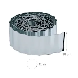 Relaxdays Rasenkante 15m, Beetbegrenzung aus Metall, verzinkt, flexibel, Umrandung f. Beet oder Rasen, 16cm hoch, Silber