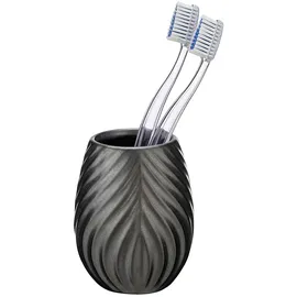 Wenko Bad-Accessoire Set Idro Anthrazit, 2-tlg., Seifenspender und Zahnputzbecher aus Keramik, Linien-Struktur
