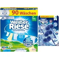 Weißer Riese Universal Pulver (50 Waschladungen), Vollwaschmittel wirkt riesig stark gegen Flecken, Kalt-Aktiv schon ab 20° C + WC Frisch Kraft Aktiv Duftspüler Blau Chlor (1x150g)