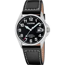 Calypso Herrenuhr Analog Leder Schwarz - Quarz - Datum - Gehärtetes Mineralglas - Wasserdicht 5 ATM Elegant K5870/4 Basic