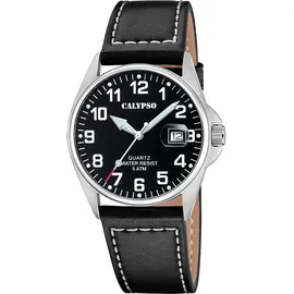 Calypso Herrenuhr Analog Leder Schwarz - Quarz - Datum - Gehärtetes Mineralglas - Wasserdicht 5 ATM Elegant K5870/4 Basic