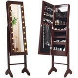 COSTWAY 18 LED-Schmuckschrank neigungsverstellbar, Schmuckregal mit Ganzkörperspiegel und kleinem Schminkspiegel, Schmuck Spiegelschrank für Makeup (Braun)