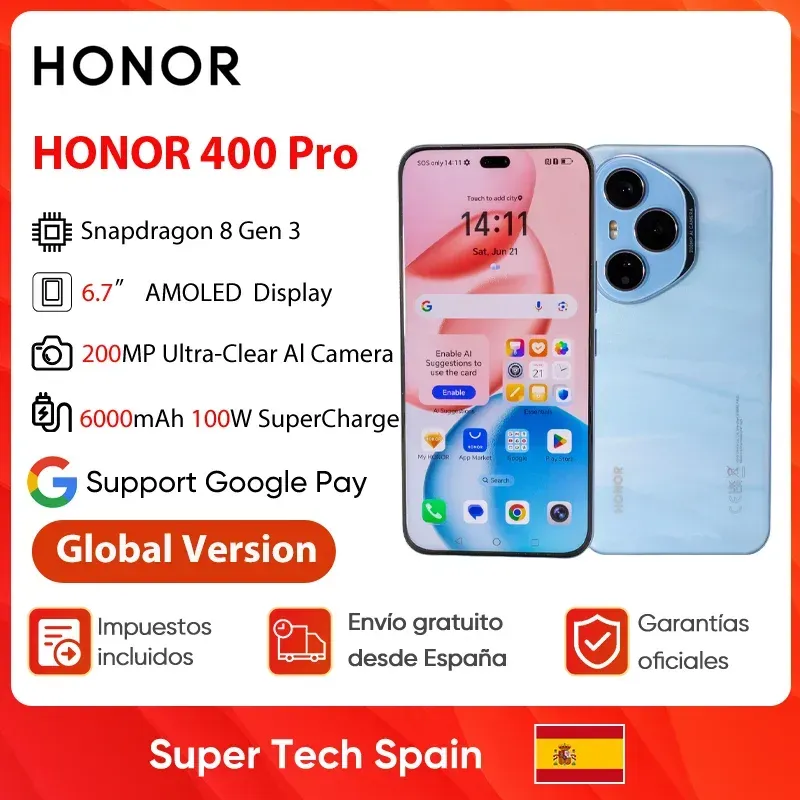 Honor 400 Pro 5G Smartphone 6,7 Zoll Amoled Snapdragon 8 Gen 3 Magicos 9.0 200 MP Ai Ultra HD Objektiv 6000 mAh 100 W Supercharge Esim