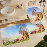 3 TLG Badteppich Set Frühling Sunny Bunny Eggs Ostern Gras Wasserabsorbierend Konturmatte Langlebige Wc-Deckelbezug Für Badezimmer Badewanne Dusche