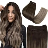 Easyouth Extension Tressen Echthaar Sew in Tressen Echthaar 55 cm Farbe Dunkelste Braune Mischung Mittelbraun und Aschblond 100g Echthaar Tressen zum Einnähen #2/6/18