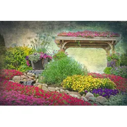 Fototapete PAPERMOON "GARTEN-RETRO VINTAGE BLUME PFLANZEN PARK STEINE PERGOLA", bunt, B:3,50m L:2,60m, Vlies, Tapeten