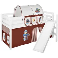 Spielbett JELLE 90 x 190 cm Pirat Braun Beige - Hochbett LILOKIDS - Weiß - mit schräger Rutsche und Vorhang - Weiß/Braun/Beige