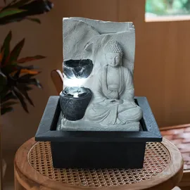 GLOBO Tischbrunnen mit Pumpe Springbrunnen mit LED Beleuchtung Buddha Design Zimmerbrunnen grau Dekoration, LxBxH 21x18,5x25,5 cm