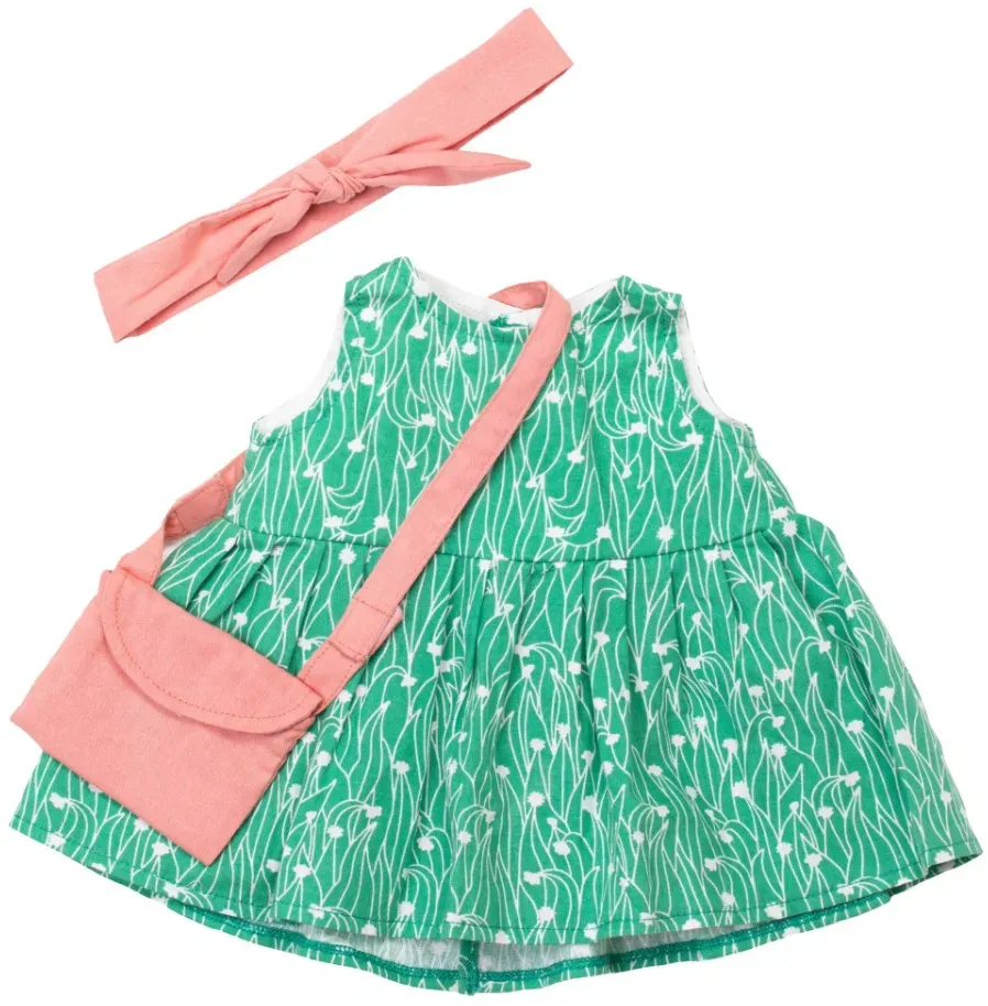 Rubens Barn Puppen Sommerkleid Set 45 cm Grün/Rosa Baumwolle - Haarband mit Klettverschluss, Rosa Puppentasche