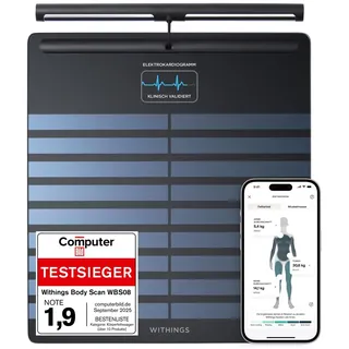 WITHINGS Body Scan - Vernetzte WLAN-Waage zur Verbesserung Ihrer Gesundheit, BIA-Personenwaage, Analyse der Körperzusammensetzung, Körperfett, Muskelmasse, Wasseranteil, Elektrokardiogramm, Schwarz