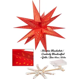 Brubaker 3D Weihnachtsstern - 60 cm Leuchtstern - Batteriebetrieben mit Timer - LED Stern für Fensterdeko - Papierstern Weihnachten, Rot