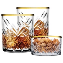 Pasabahce Timeless Golden Touch 3 teilig im Kristall-Design Retro Design - 2 Whisky Glas und 1 Kristall-Schale