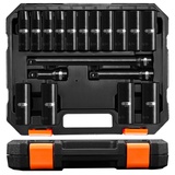 PGROUP Schlagschrauber Nüsse Set 1/2”, Metrisch 10-24mm Mit 3, 5, 10-inch Verlängerungsstange, 18 Stück Sechskantschlüssel Set, Cr-V-Stahl