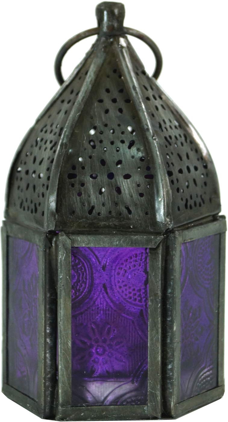 GURU SHOP Orientalische Metall/Glas Laterne in Marrokanischem Design, Windlicht, Lila, Farbe: Lila, 10x5,5x5,5 cm, Orientalische Laternen