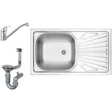 Faizee Möbel Edelstahlspüle Edelstahlspüle 76x44 cm Armatur Wählbar inkl. Siphon-Set, Eckig mit Armatur klein Chrom silberfarben Eckig mit Armatur klein Chrom | 76 cm x 15 cm