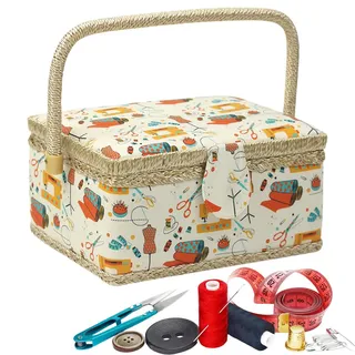 Nähkorb - Mit Abnehmbarem Facheinsatz Aufbewahrungsbox - Vintage-Print Nähzubehör Organizer | für Fäden Nadeln Flickzeug Häkeln Handarbeit Frauen Erwachsene Zuhause Reise