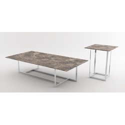 Casa Padrino Luxus Wohnzimmer Set Silber / Braun - 1 Couchtisch mit Marmorplatte & 1 Beistelltisch mit Marmorplatte - Wohnzimmermöbel - Luxus Qualität