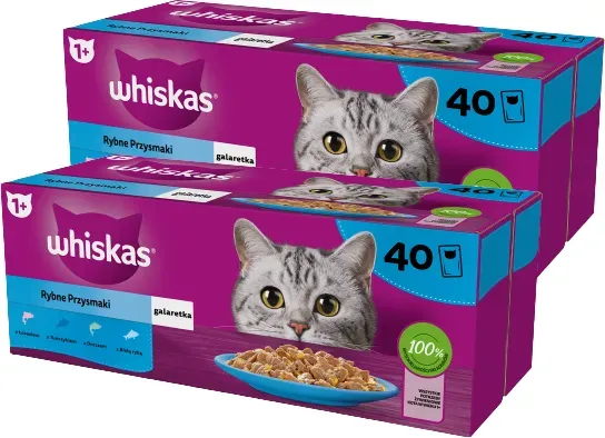 WHISKAS Adult Sachets 80 x 85 g Fishy Treats - Nassfutter für ausgewachsene Katzen in Gelee (Stücke mit: Lachs, Thunfisch, Kabeljau, Weißfisch) (Rabatt für Stammkunden 3%)