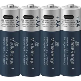 MediaRange wiederaufladbare USB-C Li-Ion Batterien, Mignon AA I 1.5V I 1.400mAh, 4er Pack