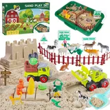 Weilim Kinetischer Sand Koffer Set 1000g Magic Sand 2 Fahrzeuge 8 Bauernhoftiere Sandkasten mit Abdeckung, Magischer Zaubersand Sandspielzeug Spielsand Spielzeug für Kinder ab 3 Jahre Junge Mädchen