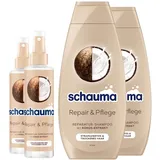 Schauma Sprühpflege Repair & Pflege (2x200 ml) Hitzeschutz für regeneriertes Haar & Reparatur-Shampoo Repair & Pflege (2x400 ml) glättet & repariert, mit Kokos-Extrakt