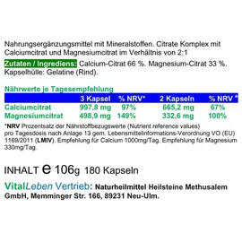 VitalLife Calcium Calciumcitrat + Magnesium Citrat 2:1 Komplex Kapseln 720 St.