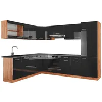 Vicco Eckküche, Schwarz Hochglanz, Honigeiche, Holzwerkstoff, L-Form,Formgebogen, 287x81.6x60 cm, Küchen, Eckküchen, Eckküchen ohne Geräte