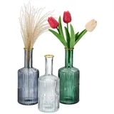 Relaxdays Vasen aus Glas, im 3er Set, Blumenvasen in Flaschenform, H x D: 20,5 x 8 cm, Dekovasen gerillt, Mehrfarbig