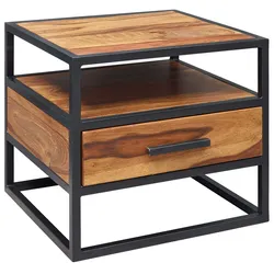 Kadima Design Massiver Sheesham-Holz Nachttisch, Stilvolle Industrie-Optik, Stauraum, robustes Stahlgestell. 50x45x45 cm